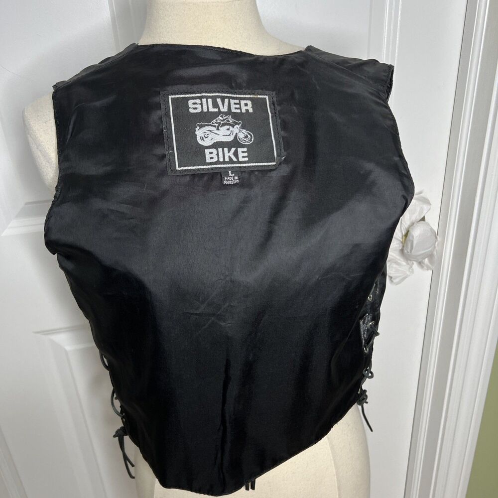 Silver Bike Leather Motorcycle Vest Red Floral Fringe Jacket L Festival Read - Picture 12 of 16